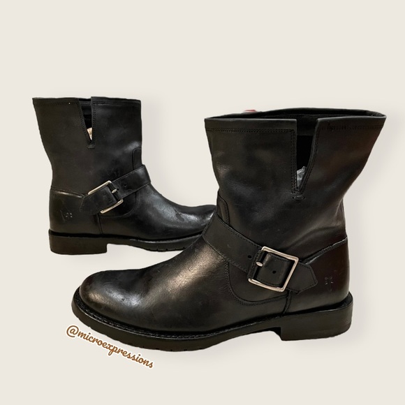 $388 Frye Natalie Engineer Black Leather  Short Moto Belted Casual Lug AnkleBoot - Picture 16 of 16